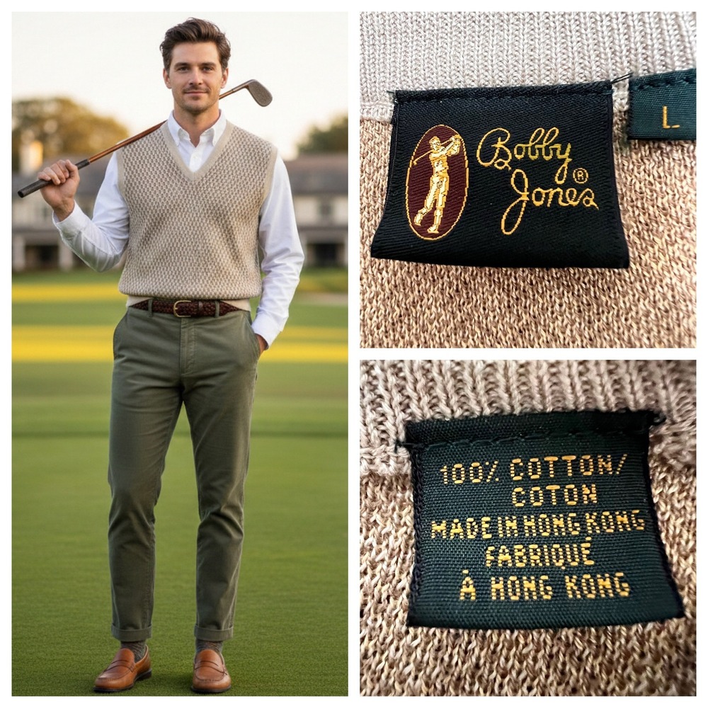 Vintage Bobby Jones Golf Sweater Vest L Beige Geometric Knit 90 HK Cotton Preppy